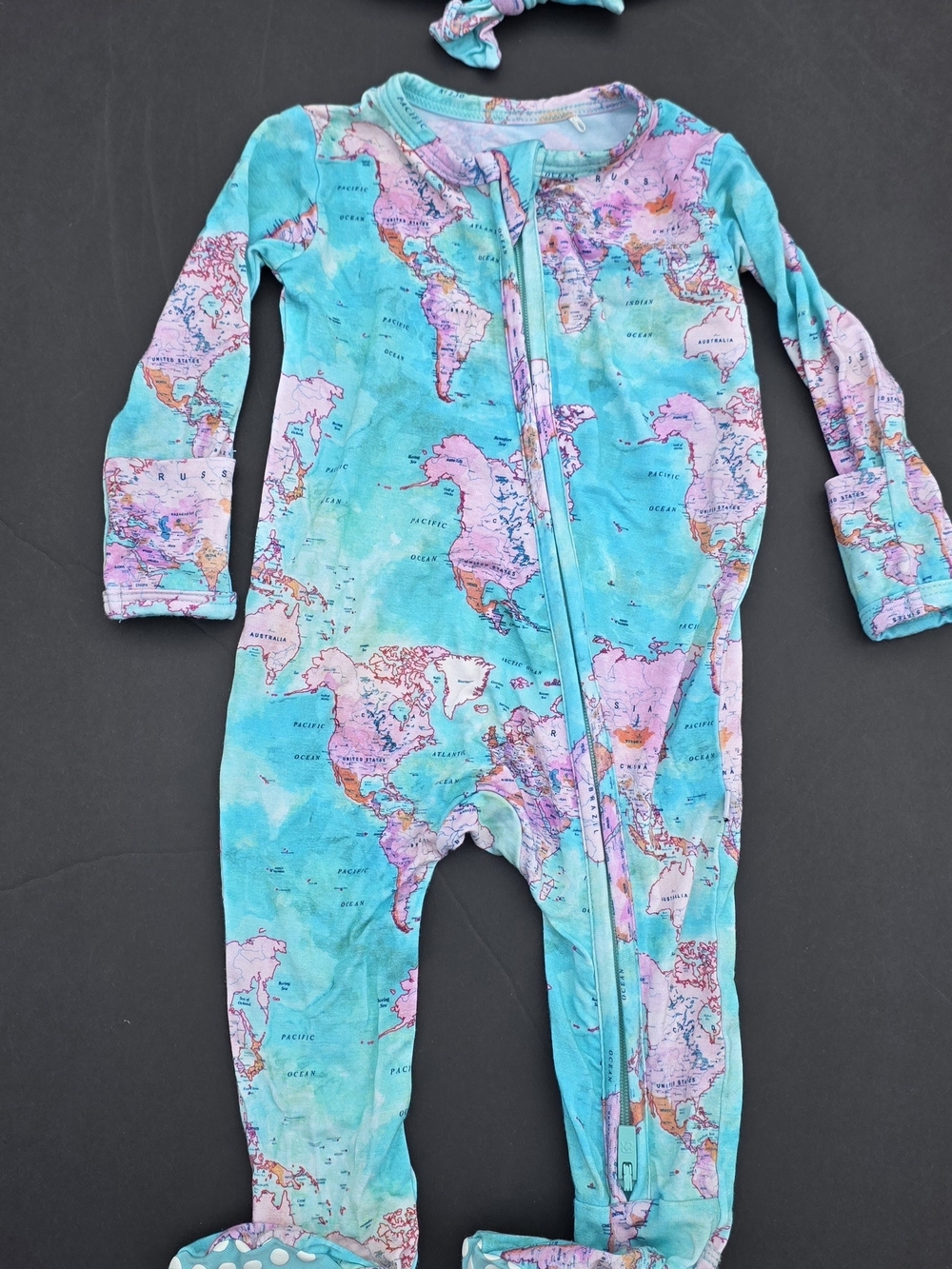 Bums And Roses Map-Print Toddler Zip Footie Pajamas in Aqua and Pink